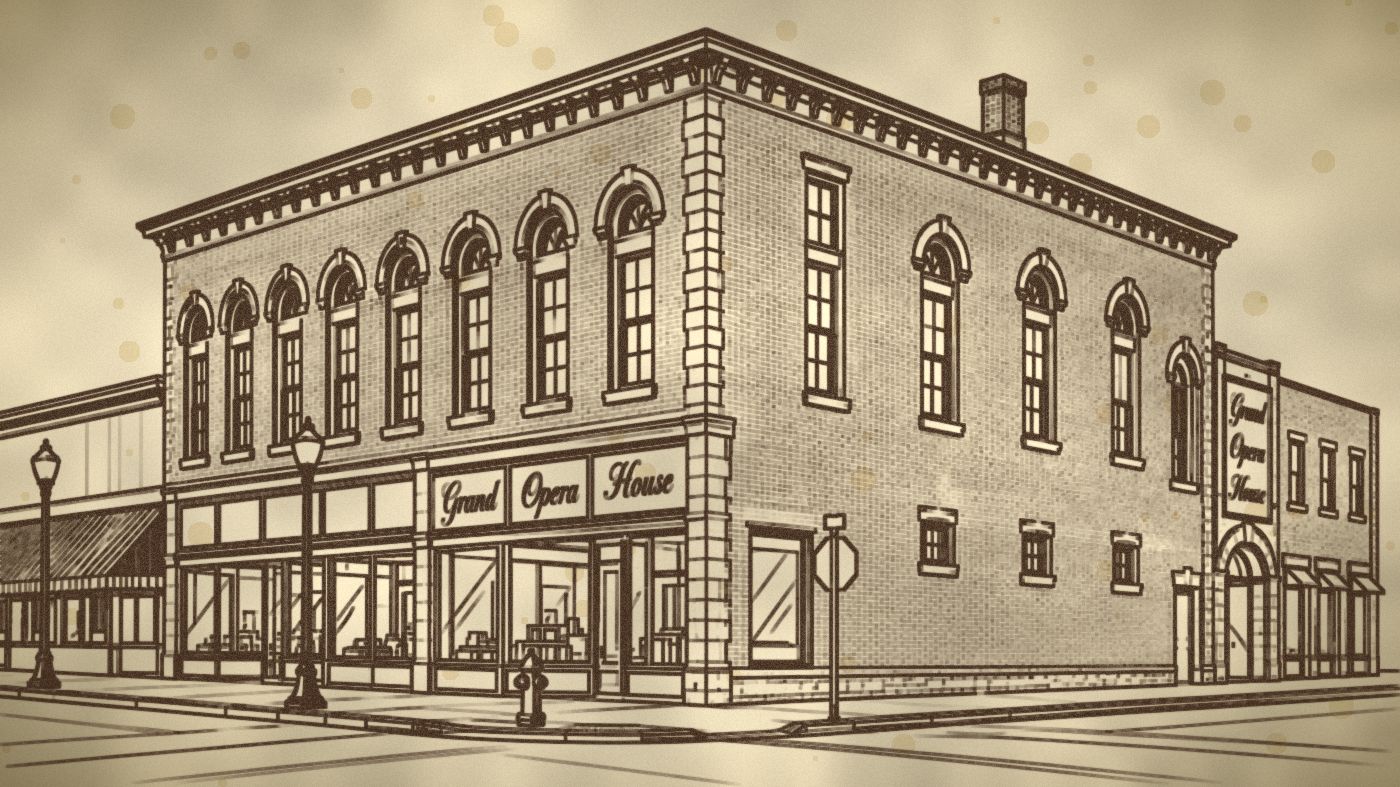 Line drawing of the Beardstown Grand Opera House: a two-story brick building with arched upper windows and storefronts on a street corner